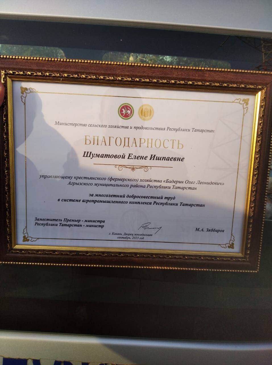 Елена Шуматова ТР авыл хуҗалыгы министрының Рәхмәт хаты һәм исемле сәгать белән бүләкләнде