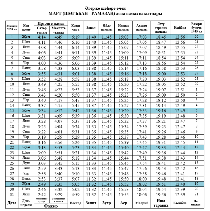 Март аена намаз вакытлары