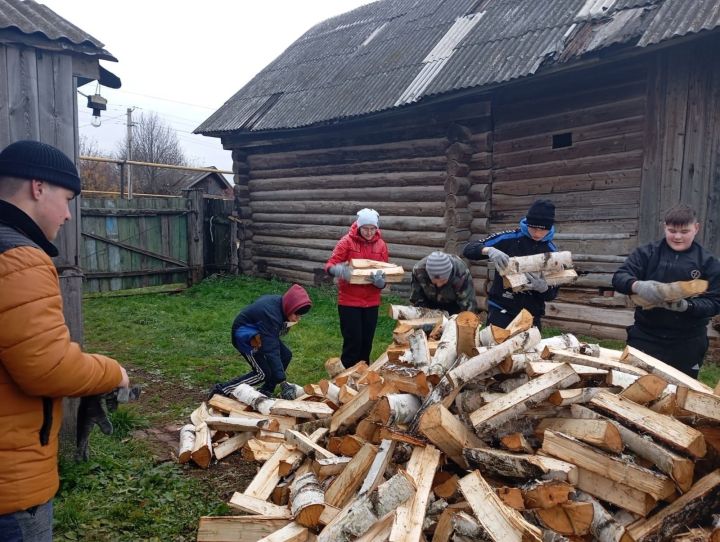 Волонтеры Исенбаевской школы помогли матери участника СВО в укладке дров